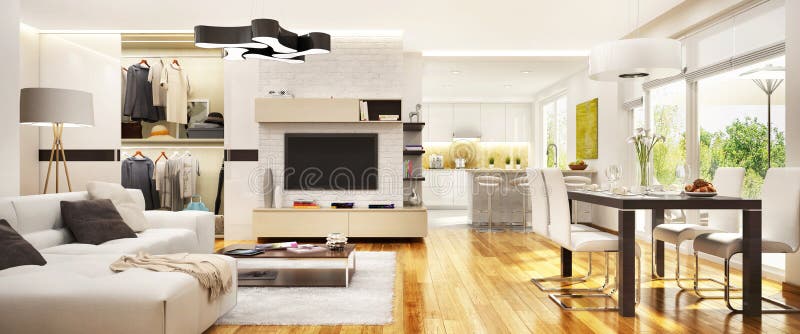 Moderne keuken en open woonkamer met garderobe royalty-vrije stock fotografie Moderne keuken en open woonkamer met garderobe royalty-vrije stock fotografie