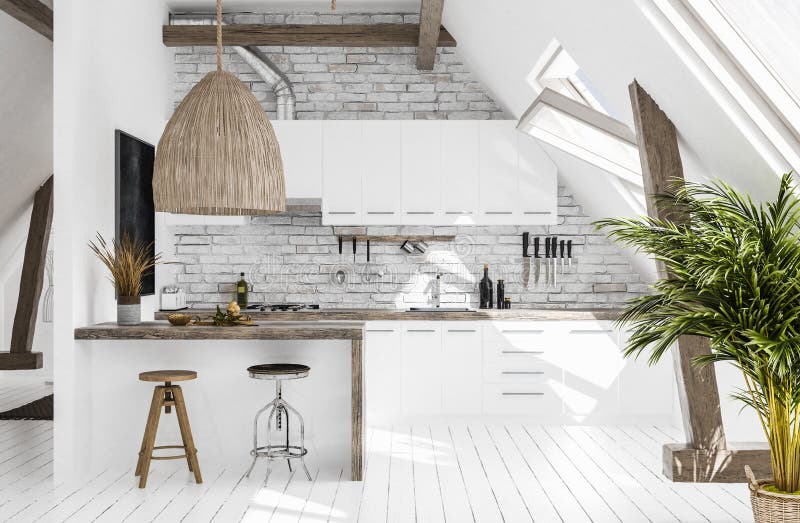 Moderne keuken in zolder, scandi-Bohostijl