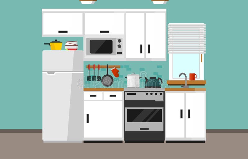 Moderne keukenillustratie in vlakke stijl Ontwerp van de beeldverhaal het witte keuken met witte voorgevel, magnetron, koelkast, stock illustratie Moderne keukenillustratie in vlakke stijl Ontwerp van de beeldverhaal het witte keuken met witte voorgevel, magnetron, koelkast, stock illustratie