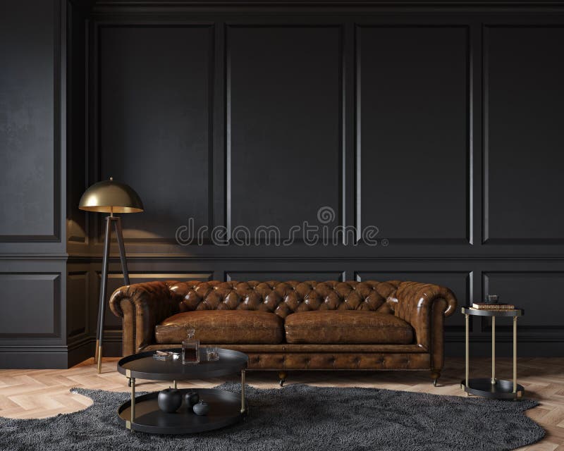 Moderne, klassieke zwarte binnenkant met gekapitoneerde, bruine, lederen chester sofa, vloerlamp