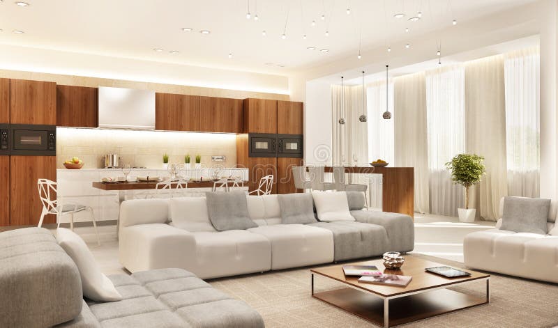 Moderne Küche und großes Wohnzimmer stockbilder Moderne Küche und großes Wohnzimmer stockbilder
