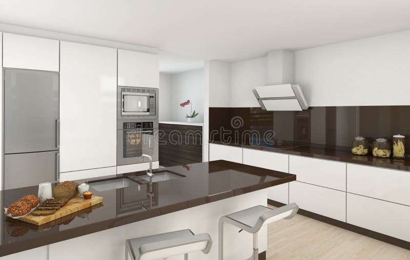 Moderne Küche weiß und braun stock abbildung Moderne Küche weiß und braun stock abbildung