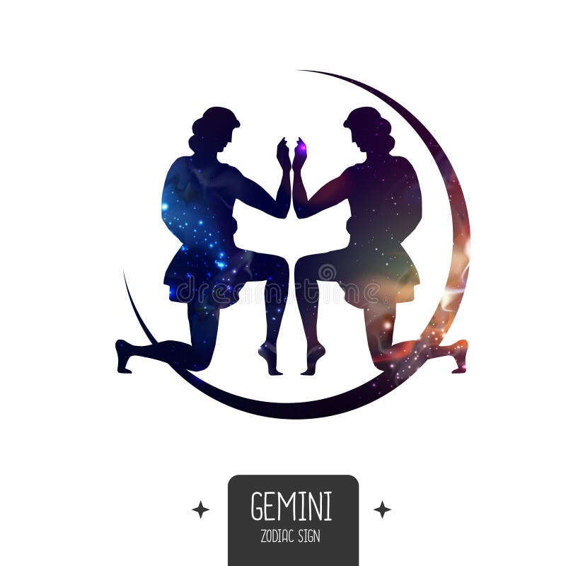 Moderne Magic Hexereikarte mit Astrologiezwillingssternzeichen. Zwillinge silhouettieren mit Raum Inside vektor abbildung