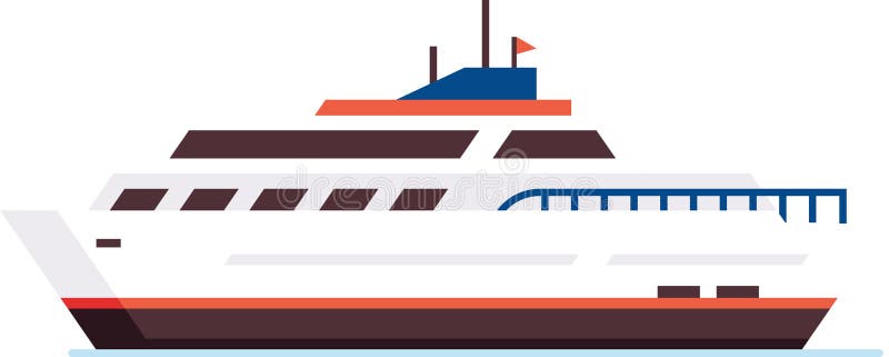 Moderne Passagierfähre, die auf ruhiger Wasserseite segeln, minimalistische Darstellung mit rot-weiß lizenzfreie abbildung