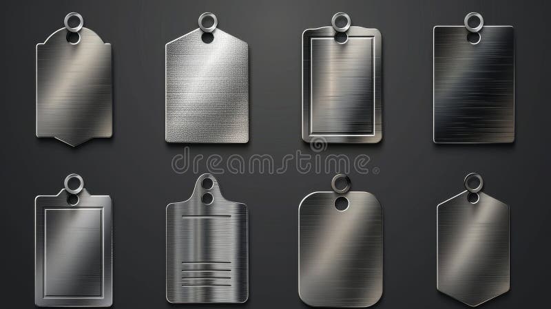 Modern realistic illustration of bolted plates in silver or iron, shiny button frames, and reflective badges with light reflection on black background.. AI generated. Modern realistic illustration of bolted plates in silver or iron, shiny button frames, and reflective badges with light reflection on black background.. AI generated