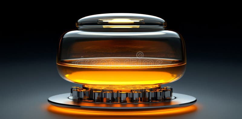 Moderne Räumlichkeiten beherbergen einen eleganten und futuristischen Getränkesender mit glühender orangefarbener Flüssigkeit stockfotografie