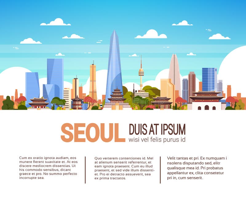 Moderne Seoul-Stadt-Skyline mit Wolkenkratzern und Markstein-Südkorea-Stadtbild Infographics-Fahne mit Kopien-Raum stock abbildung Moderne Seoul-Stadt-Skyline mit Wolkenkratzern und Markstein-Südkorea-Stadtbild Infographics-Fahne mit Kopien-Raum stock abbildung
