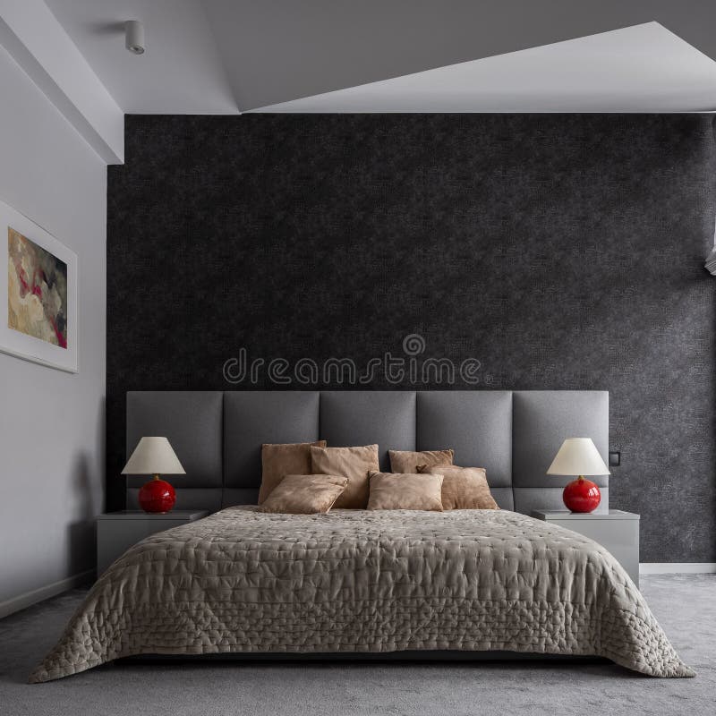 Moderne slaapkamer met zwart behang stock afbeeldingen Moderne slaapkamer met zwart behang stock afbeeldingen