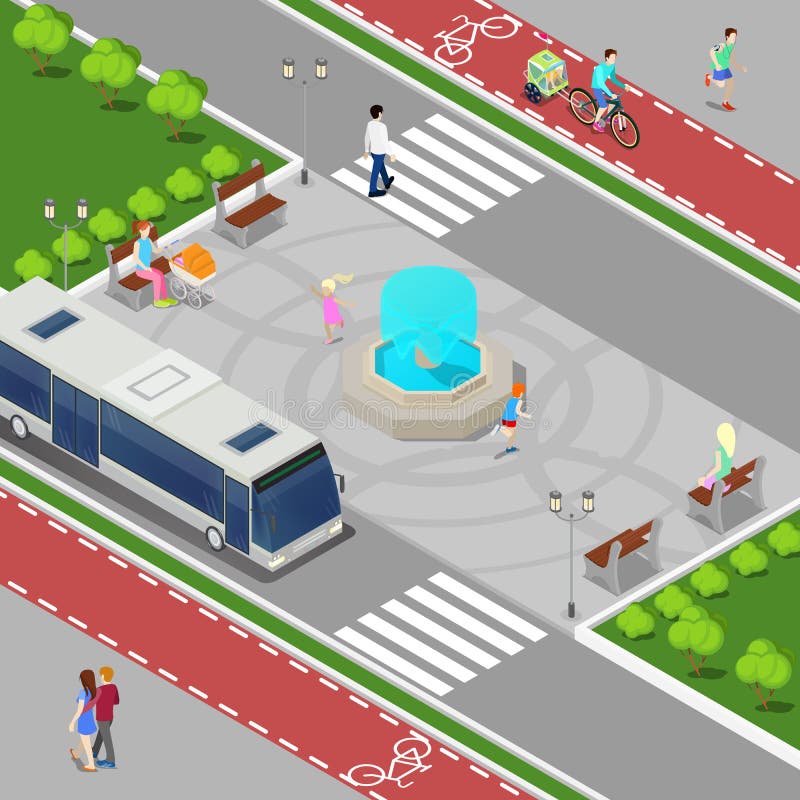 Moderne Stadt-isometrisches Konzept Stadt-Brunnen mit Kindern Fahrrad-Weg mit Reitleuten lizenzfreie abbildung Moderne Stadt-isometrisches Konzept Stadt-Brunnen mit Kindern Fahrrad-Weg mit Reitleuten lizenzfreie abbildung