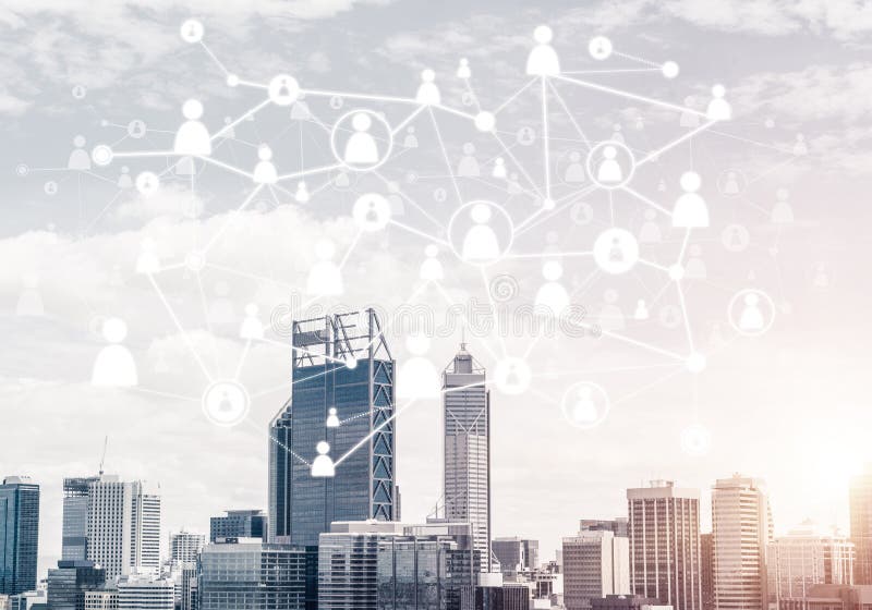 Moderne Stadt und Sozialnetz als Konzept f?r globale Vernetzung vektor abbildung Moderne Stadt und Sozialnetz als Konzept f?r globale Vernetzung vektor abbildung
