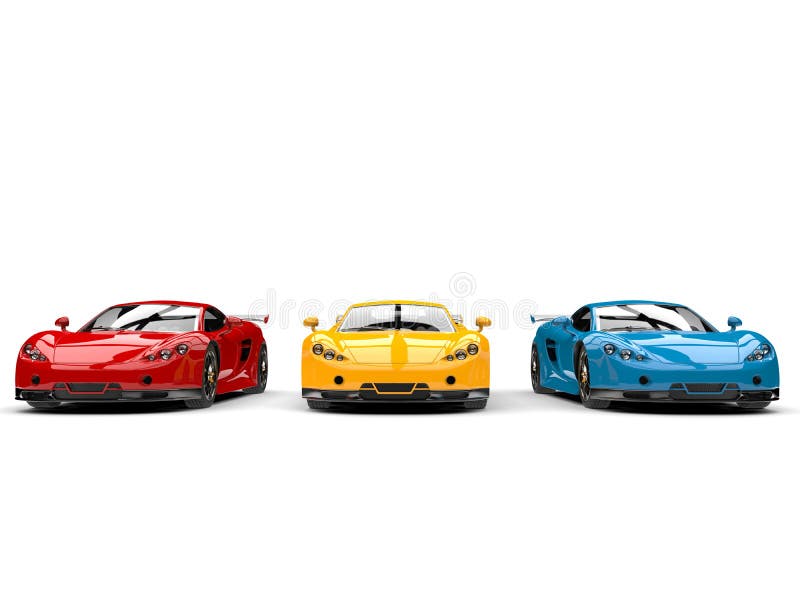 Moderne super-sportive auto sportive a colori primari, rosso giallo e blu, vista frontale illustrazione vettoriale