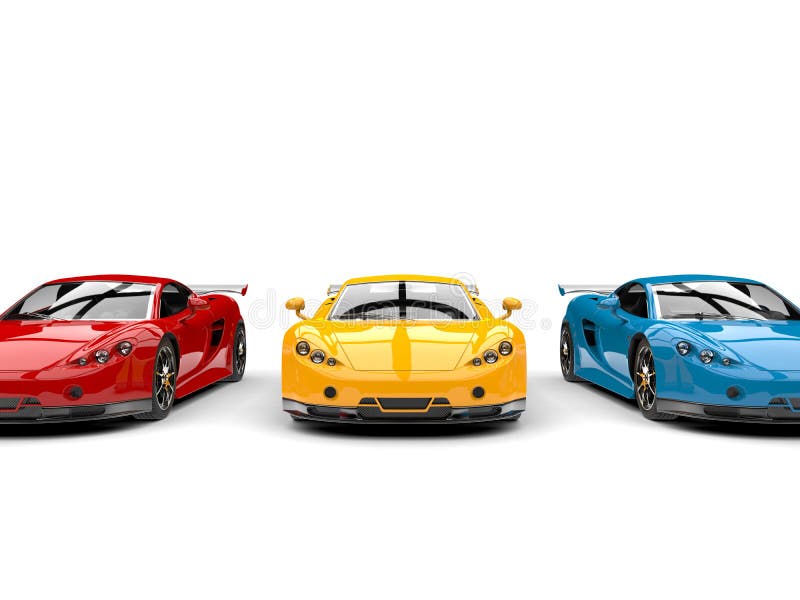 Moderne super-sportive auto sportive a colori primari, rosso giallo e blu, vista frontale royalty illustrazione gratis