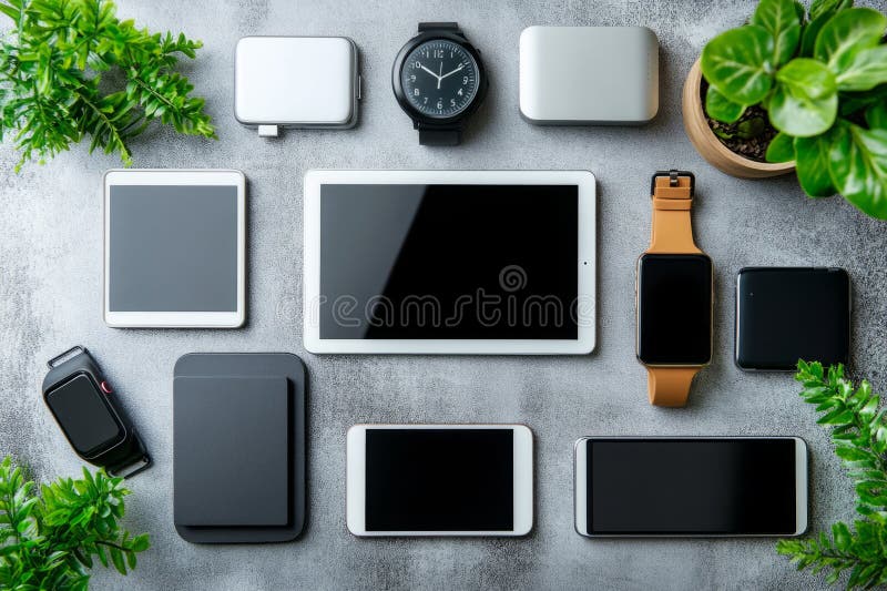 Moderne technische Geräte auf dem Tisch liegen umgeben von grünen Pflanzen lizenzfreie stockbilder