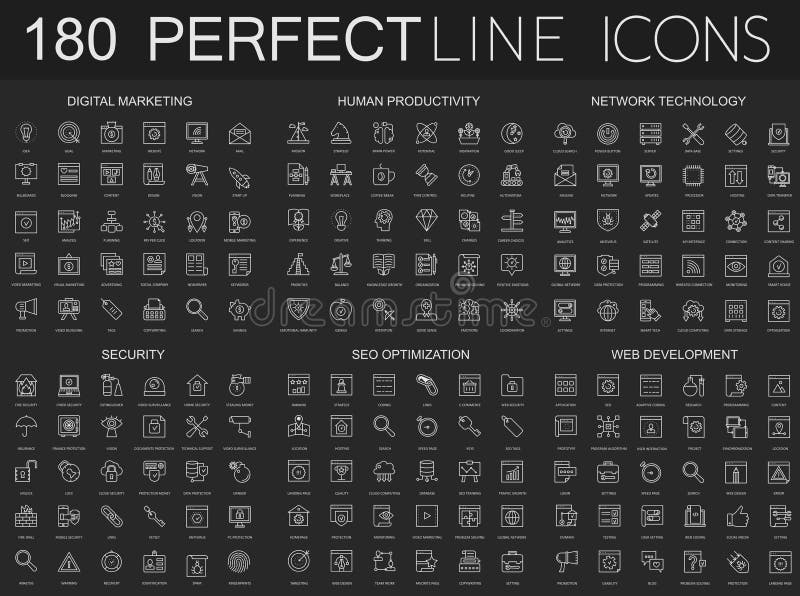 180 moderne Thin Line Icons auf dunkelschwarzem Hintergrund Digitales Marketing, menschliche Produktivität, Netzwerktechnologie