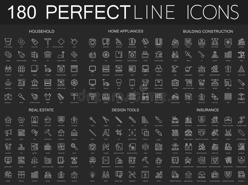 180 moderne Thin Line Icons auf dunkelschwarzem Hintergrund Haushalt, Haushaltsgeräte, Baugewerbe, Immobilien