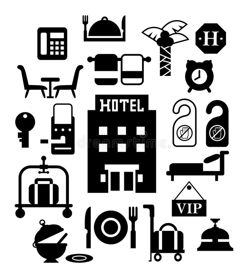 Moderne vlakke ontwerp vectorpictogrammen voor de hoteldienst in zwarte