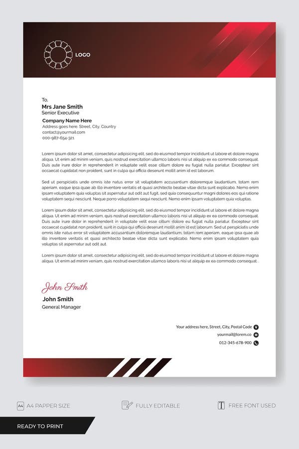 Business letterhead vector illustration with red geometric line header background. Ready to print. Business letterhead vector illustration with red geometric line header background. Ready to print.