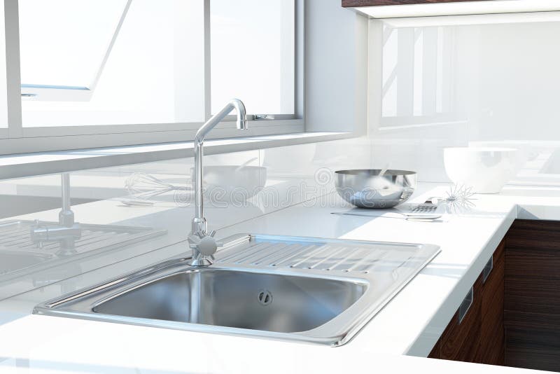 Weiße Küche Mit Holztisch, Ofen Stock Abbildung - Illustration von