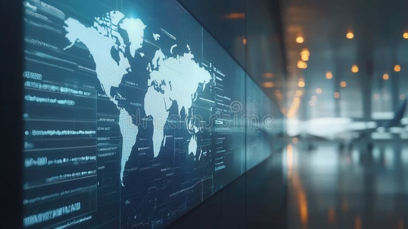 Moderne Weltkarte mit digitalen Datenprojektionen im hellen Raum lizenzfreie abbildung