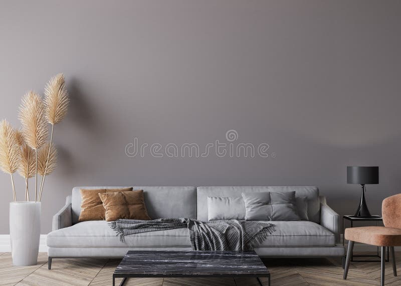 Moderne woonkamer met grijze sofa op een donkere lege muur