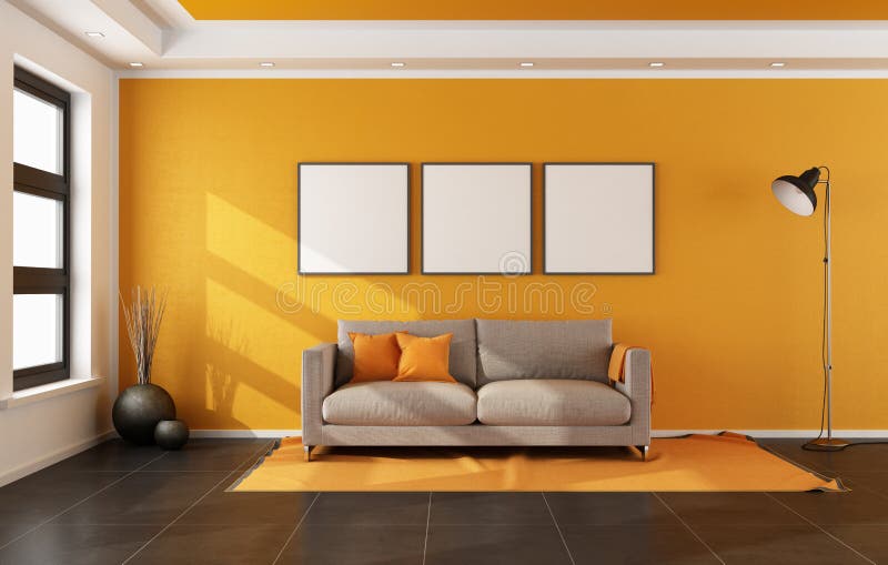 Marine is genoeg geluid Moderne Woonkamer Met Oranje Muur Stock Illustratie - Illustration of  ruimte, sinaasappel: 40260795