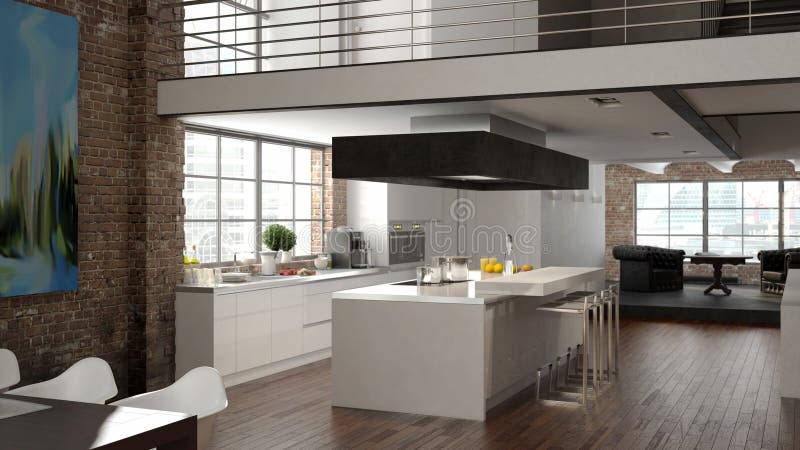Moderne zolder met een keuken het 3d teruggeven vector illustratie Moderne zolder met een keuken het 3d teruggeven vector illustratie