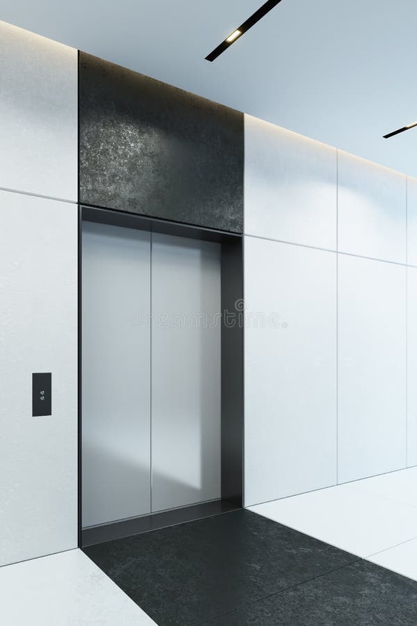 Moderner Aufzug mit geschlossenen T? ren in der B? rolobby, 3d? bertragen stockbilder