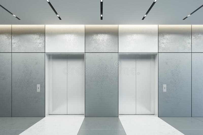 Moderner Aufzug mit geschlossenen T? ren in der B? rolobby, 3d? bertragen lizenzfreie stockfotografie
