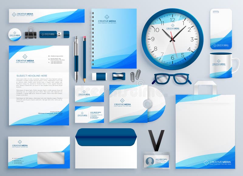 Modern blue business stationery vector template set illustration. Modern blue business stationery vector template set illustration