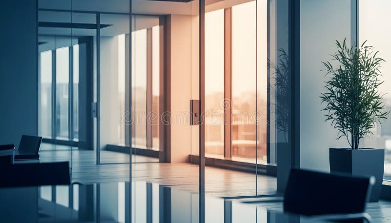 Moderner Bürobereich mit strukturierter Anordnung und großen Fenstern, die natürliches Licht ermöglichen lizenzfreie abbildung