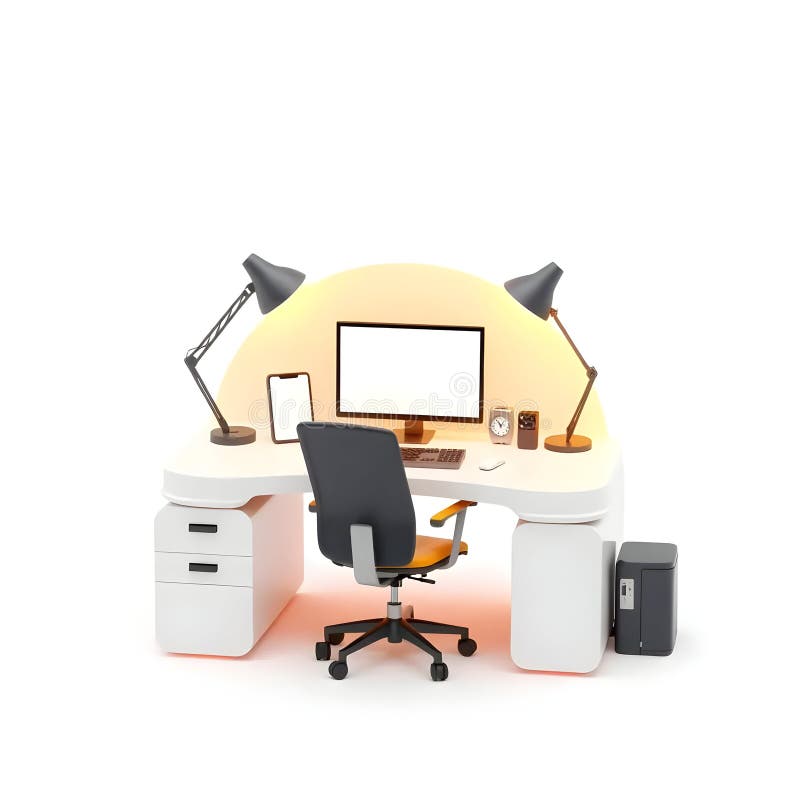 Moderner Computerschreibtisch mit Büroausstattung und Werkzeugen stock abbildung