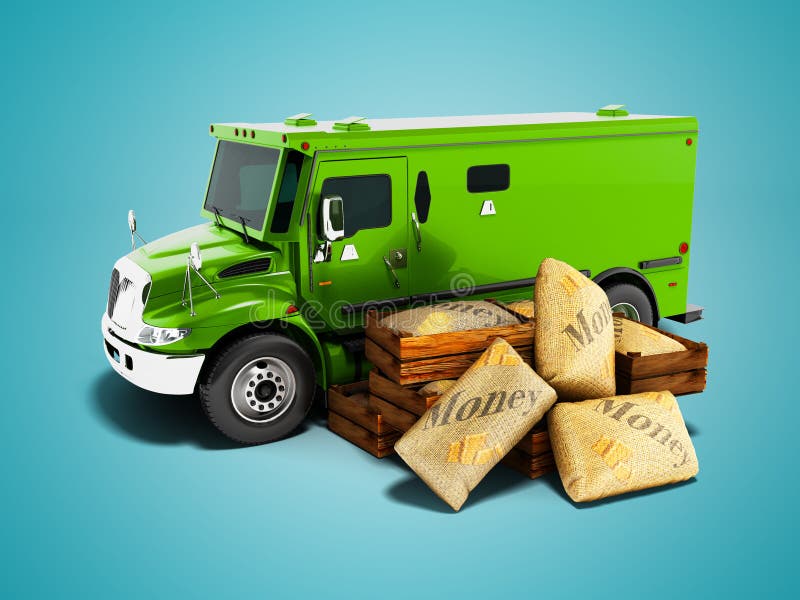 Moderner grüner gepanzerter LKW für tragendes Geld in den Taschen 3d auf blauem Hintergrund mit Schatten übertragen vektor abbildung Moderner grüner gepanzerter LKW für tragendes Geld in den Taschen 3d auf blauem Hintergrund mit Schatten übertragen vektor abbildung