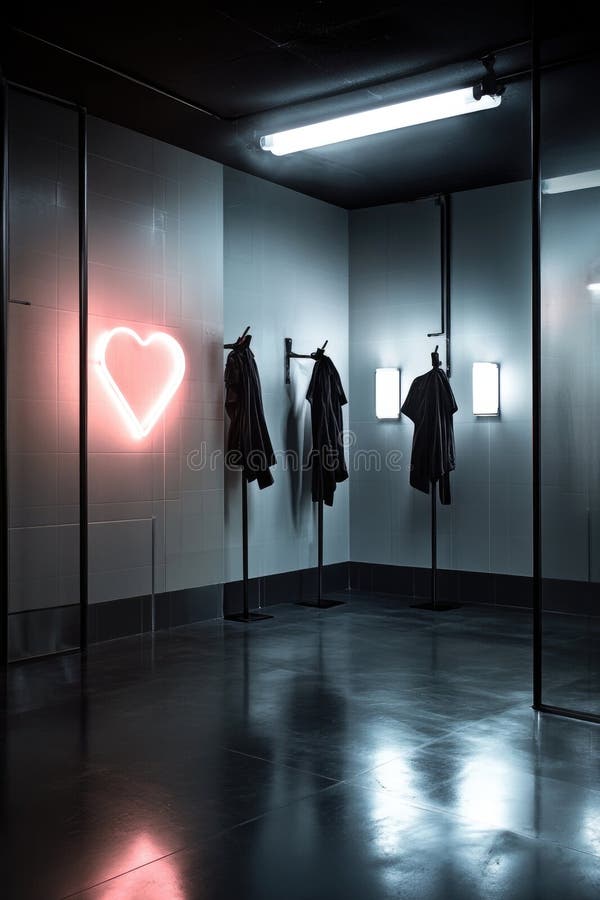 Moderner Industriekabinenzimmer mit gelochter Herzlampe und hängenden schwarzen Mänteln stockfotos