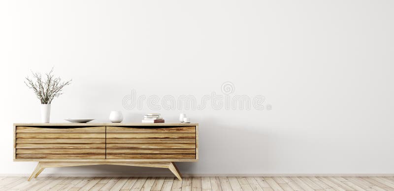 Modern interior of living room with wooden dresser over white wall panorama 3d rendering. Modern interior of living room with wooden dresser over white wall panorama 3d rendering