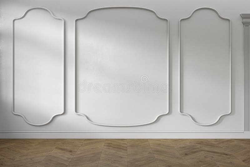 Moderner klassischer barocker weißer leerer Innenraum mit Wänden und Bretterboden