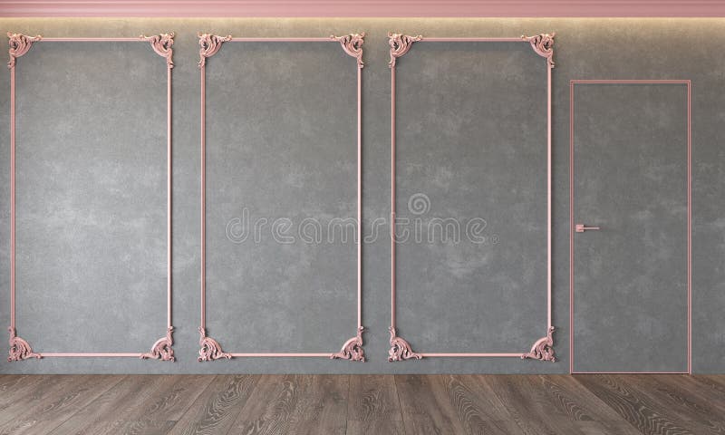 Moderner klassischer grauer Innenraum mit Stuck, rosa Formteile, Architektur beton, Beton, Tür, Decke hintergrundbeleuchtet