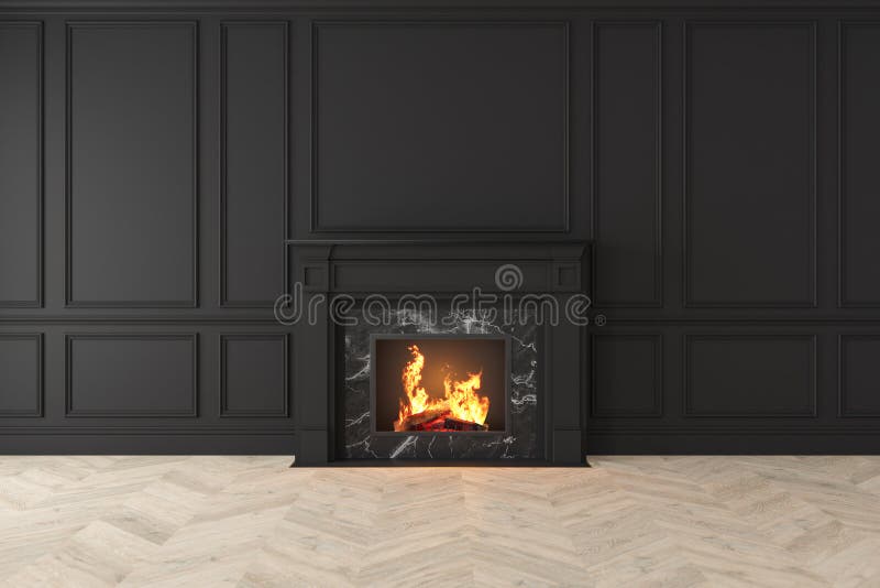 Moderner klassischer schwarzer Innenraum mit Kamin, Wände, Bretterboden vektor abbildung Moderner klassischer schwarzer Innenraum mit Kamin, Wände, Bretterboden vektor abbildung