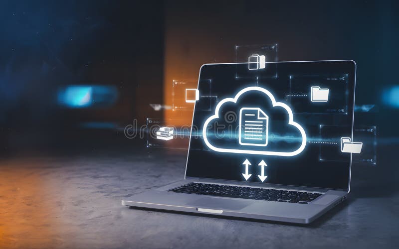 Moderner Laptop Bildschirm zeigt Cloud Computing Datenspeicher sichere Übertragung digitaler Technologiedateien Online Backup Web stock abbildung
