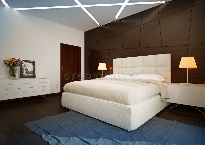 Blaues Und Braunes Modernes Schlafzimmer Stock Abbildung - Illustration