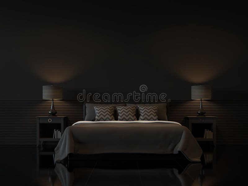 Moderner Schlafzimmerinnenraum mit leerer schwarzer Wiedergabe der Wand 3d lizenzfreie abbildung