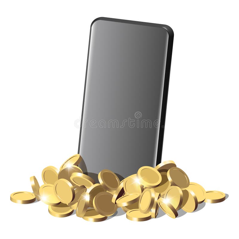 Moderner Smartphone verstaut in einen Stapel von gl? henden goldenen M? nzen stock abbildung
