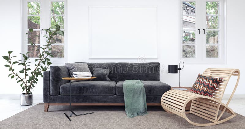 Modern white interior with black sofa 3D Rendering. Modern white interior with black sofa 3D Rendering