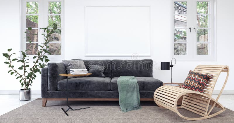 Moderner weißer Innenraum mit schwarzem Sofa stockfotografie Moderner weißer Innenraum mit schwarzem Sofa stockfotografie