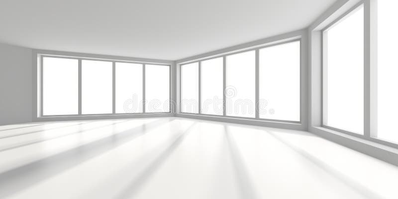 Moderner weißer Raum mit großen Fenstern und natürlichem Licht. Innenarchitektur stock abbildung