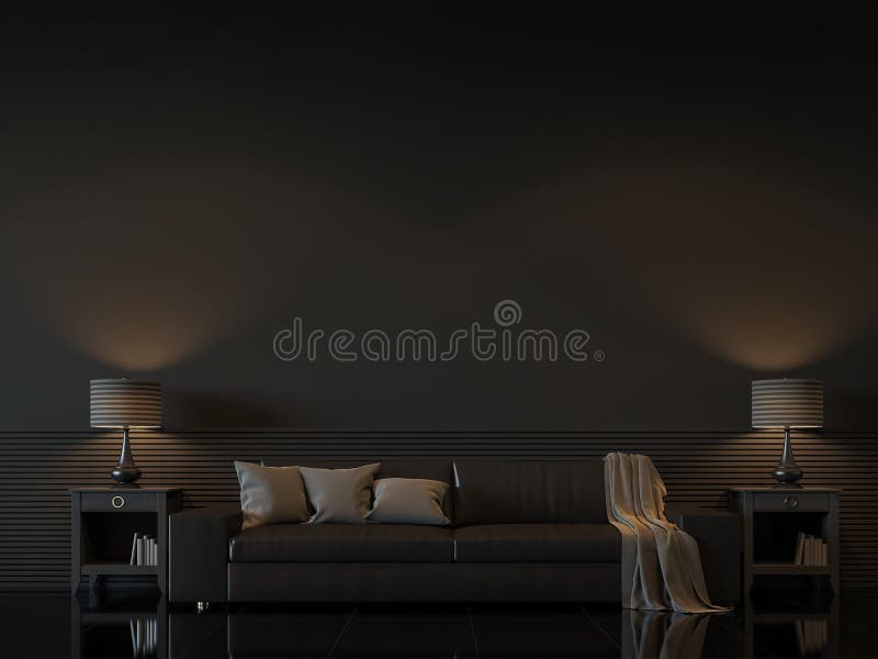 Moderner Wohnzimmerinnenraum mit leerem schwarzem Wiedergabebild der Wand 3d vektor abbildung