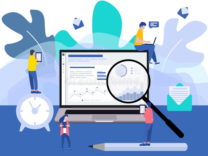 Modernes flaches Design mit einer Gruppe Miniaturgeschäftsleuten analysieren Daten zusammen Kleine Leutecharaktere lizenzfreie abbildung Modernes flaches Design mit einer Gruppe Miniaturgeschäftsleuten analysieren Daten zusammen Kleine Leutecharaktere lizenzfreie abbildung