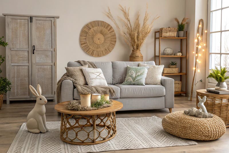 Modernes gemütliches Wohnzimmer Grau Sofa Woven Dekoration und OsternInspirierter Couchtisch mit sonnigen Figuren stock abbildung
