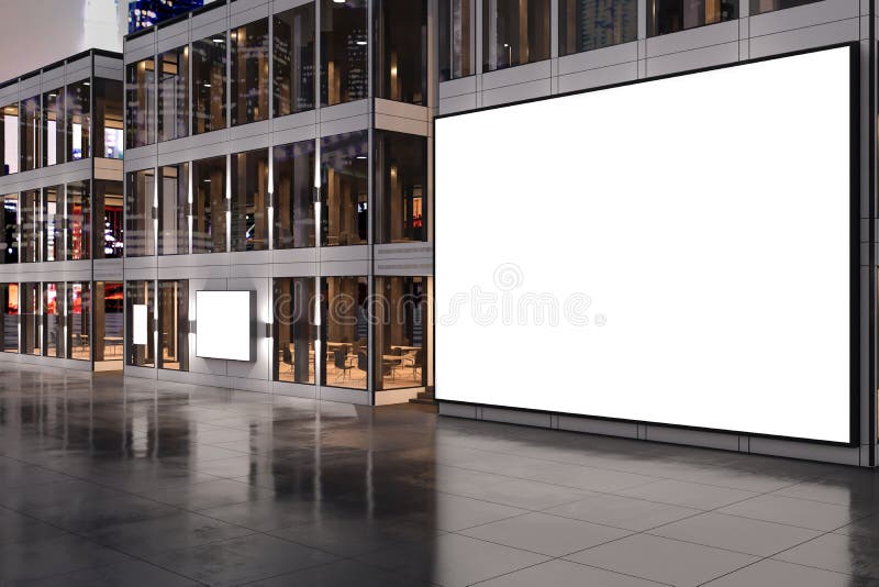 Modernes Glasgeschäft Außendesign mit Reflexionen und leerer weißer Reklametafel. verspotten lizenzfreie abbildung
