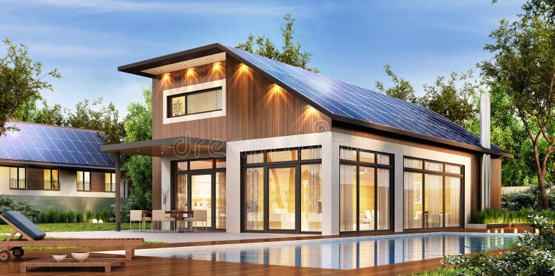 Modernes Haus mit Sonnenkollektoren auf dem Dach
