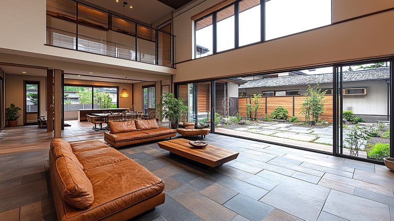 Modernes japanisches Wohnzimmer mit Gartenblick stock abbildung
